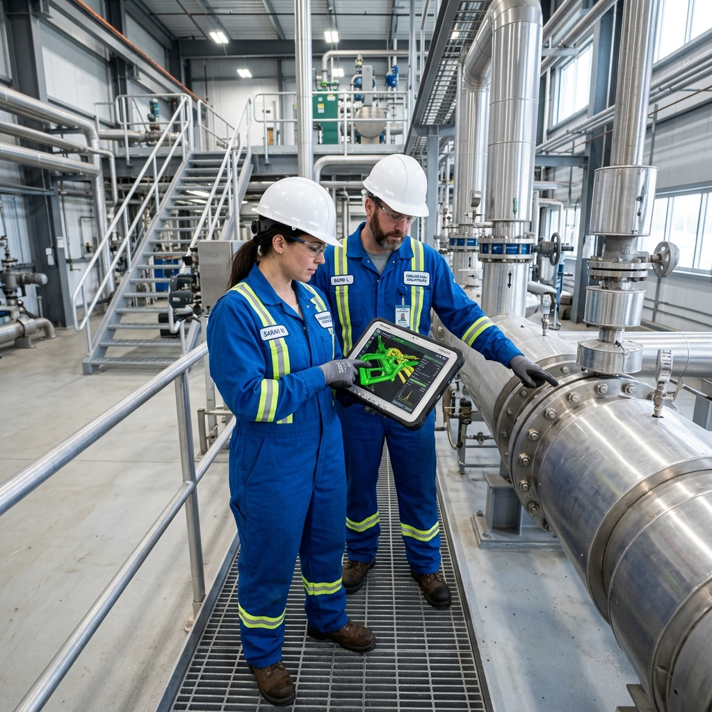 Engineers inspecting industrial pipes